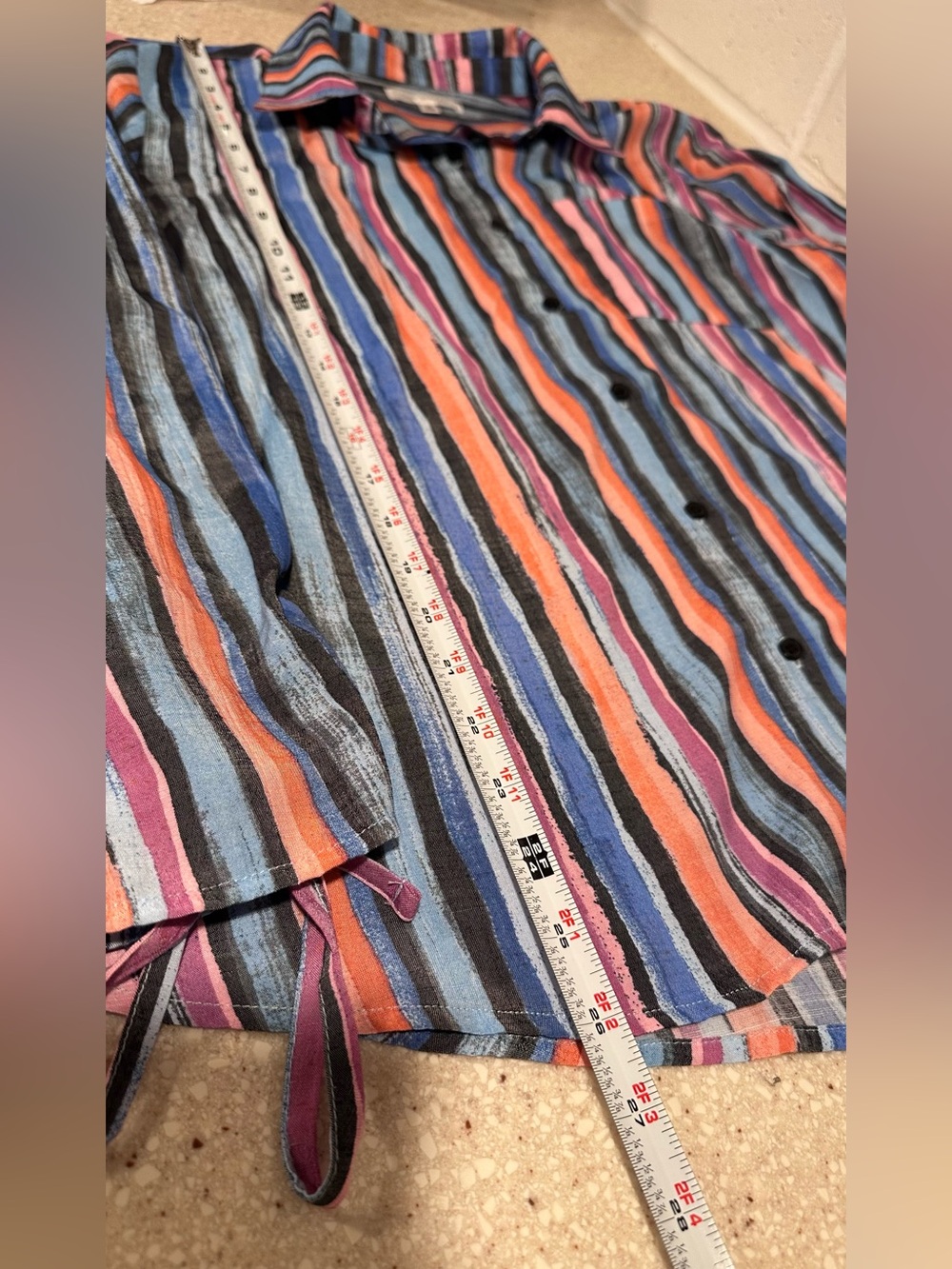Daily Thread Multicolor Striped Button Down Top Ruched Tie Sleeves Rayon Blend L - Picture 13 of 14